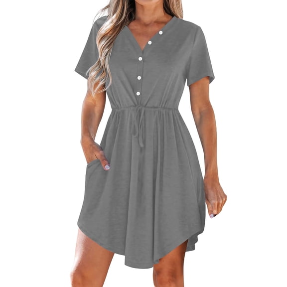 Summer Dresses Women's Summer Dress Casual V Neck Short Sleeve Drawstring Dresses with Pockets Gray 3Xl