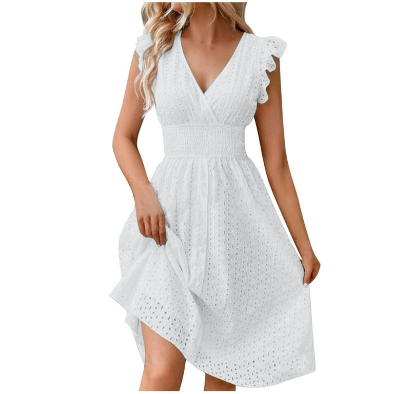 Summer Dresses Womens Party Outfit V Neck Ruffle Fly Sleeve Casual Eyelet  Button Up Smocked Knee Length Dress (L, White) - Walmart.com