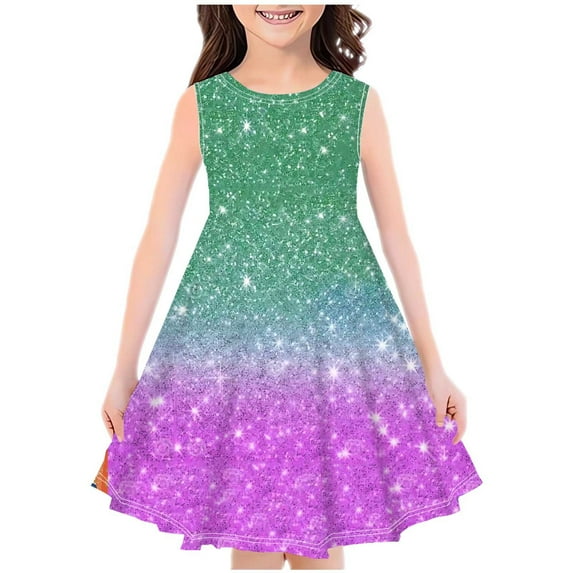 Summer Dresses for Girl 5t Graphic Summer Casual A-Line Ruffle Dress Cotton Kids Cute Clothes 8-9Y, Green, 7 Years