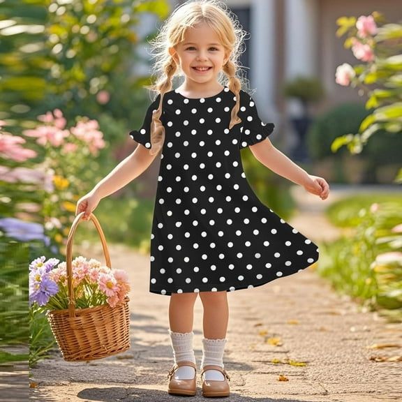 Summer Dresses for Girls 3-12 Years Toddlers Kids Cute Polka Dot Printed Short Sleeve Crewneck Loose Pullover Hiking Midi Dress