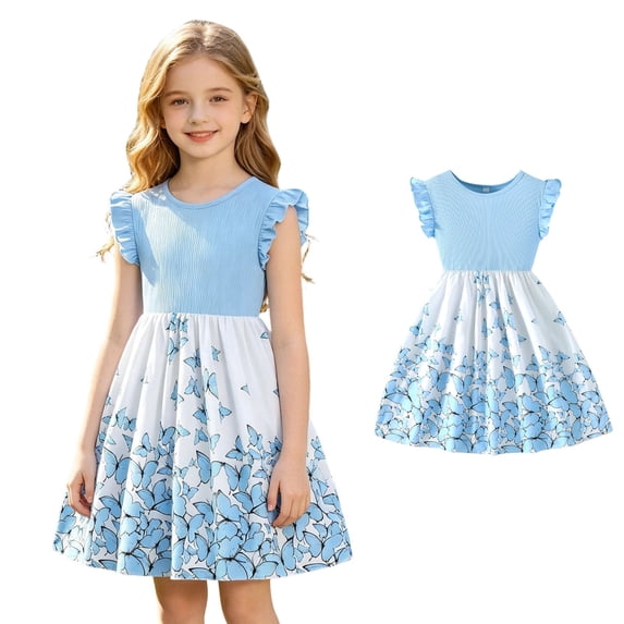 Summer Dresses for Girls Ruffle Sleeve Butterfly Print Girls Casual Dresses A-Line Party Dress for Girls 8-9 Years