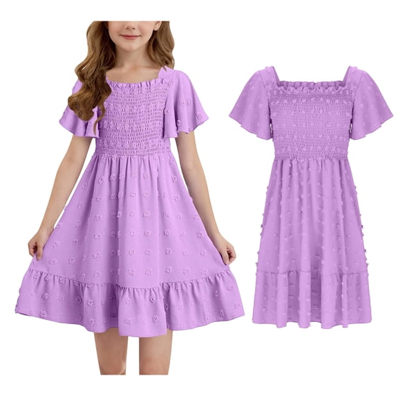 Summer Dresses for Girls Short Sleeve Girls Casual Dresses Smocked Embroidered Girls Beach Dress Girl Dresses Size 6-7 Years