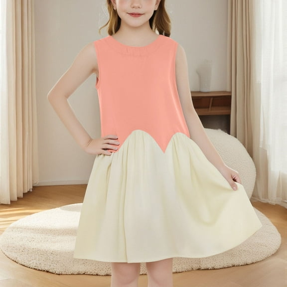 Summer Dresses for Girls Size 2-8 Sleeveless Crewneck Sundresses Toddlers Kids Cute Color-Block Pullover Loose Bohemian Vacation Dress