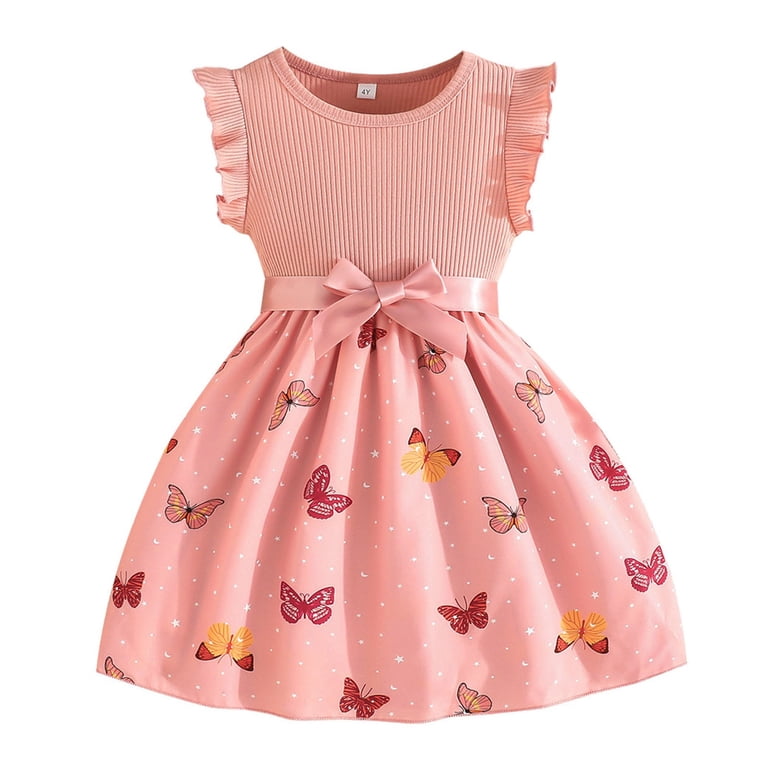 Summer Dresses for Girls Toddler Kids Girls Ribbed Sleeveless Summer Dress with Print Flowy Dress for Daily Wear and Play Light Pink 6Y