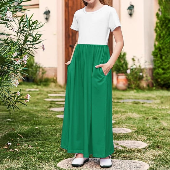 Summer Dresses for Girls with Pockets 4-14 Years Teens Kids Casual Color-Block Short Sleeve Crewneck Pullover A-Line Long Maxi Dress