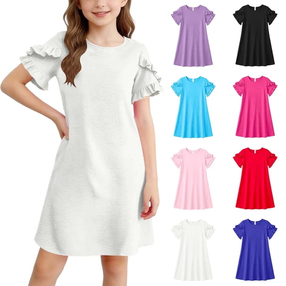 Summer Dresses for Kids Ruffled Short Sleeve A Line Dresses Girls White Dress Kids Beach Dress, Szie 5-15 Years