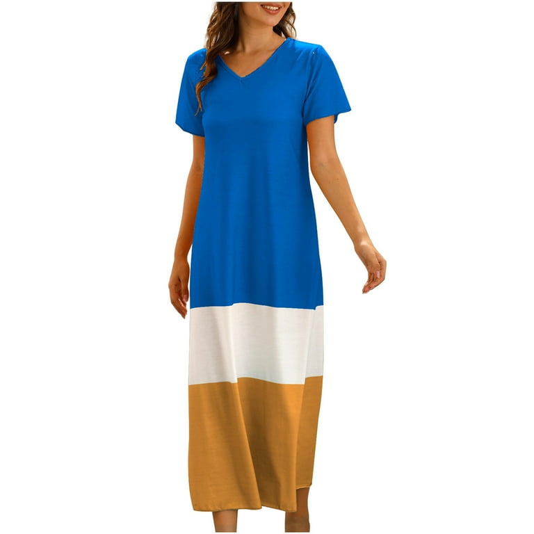 Summer Dresses for Tall Women V Neck Solid Color Patchwork Short Sleeve Maxi Dress Casual Loose ted Comfy Dress X Large Blue
