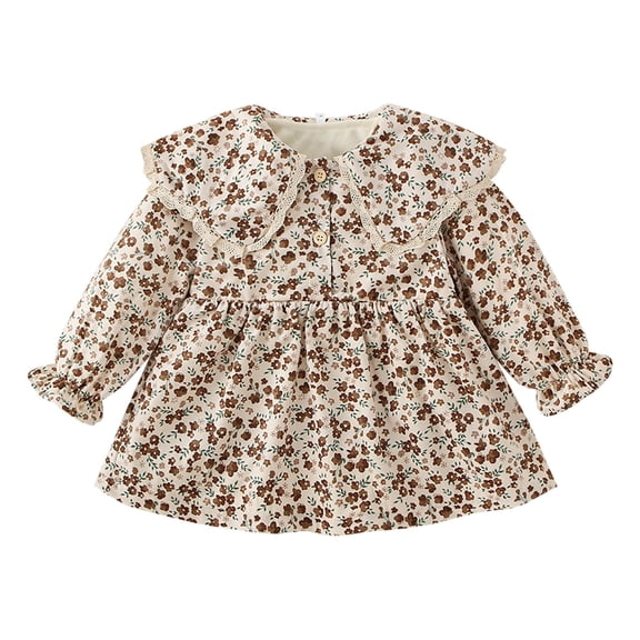Summer Dresses for Girls Floral Print Peter Pan Collar Lace Ruffles Long Sleeve Button Dance Party Clothes Birthday Cute Dress Size 6-12 Months