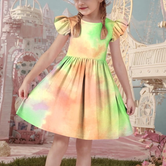 Summer Dresses for Teen Girls Size 3-14 Kids Cute Ruffle Cap Sleeve Crewneck Pleated A-Line Tie-Dye Beach Midi Dress
