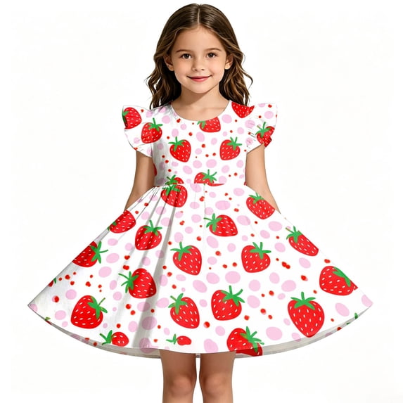 Summer Dresses for Toddler Girls Strawberry Print Ruffles Back To School Flutter Sleeve Casual Dress for Kids Size 3-4T