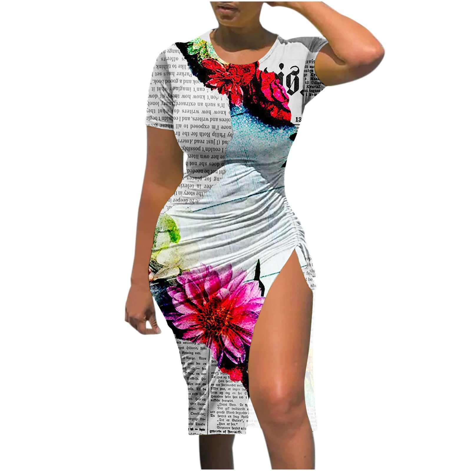 Summer Dresses for Womem 2023 New Women Sexy Bodycon Crew Neck Retro  Newspaper Print Short Sleeve Slim Fit Drawstring Slitting Mini Dress -  Walmart.com