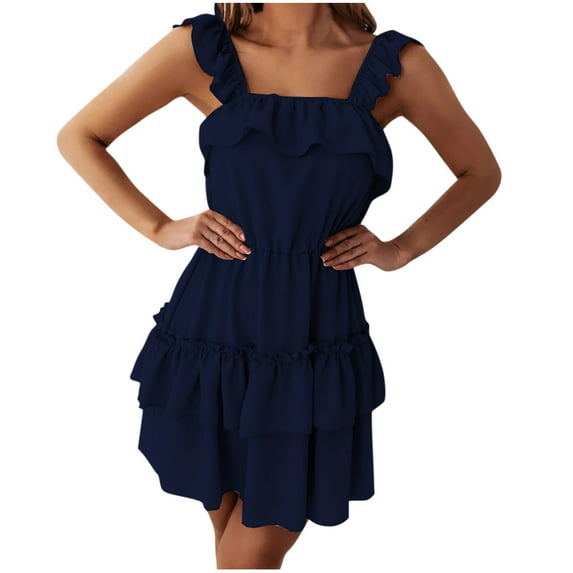 Summer Dresses for Women 2022 Casual Double Layer Ruffles Slip Dress Solid Sling Sleeveless Dresses Beach Dress