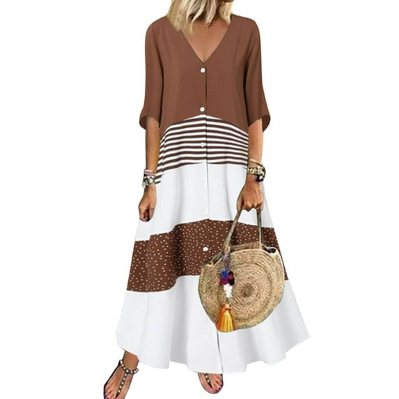 Summer Dresses for Women 2022 Casual V Neck 3/4 Sleeve Patchwork Fashion Beach Wear Daily Party Swing Midi Dress Alsol Lamesa