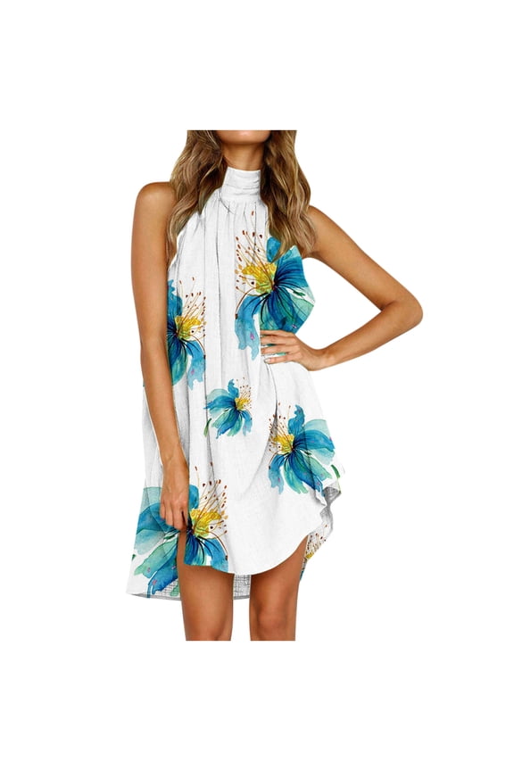Summer Dresses for Women 2022, Halter Neck Dresses for Women Knee Length Floral Casual Summer Mini Dresses Sleeveless Irregular Hem Sun Short Dress