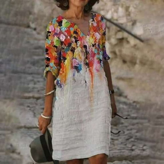 Summer Dresses for Women 2022, LOVE DOCK Ladies Summer Dress for Women V Neck Casual Fashion Printed Mid Sleeve Short Dress 2022 Travel Vacation