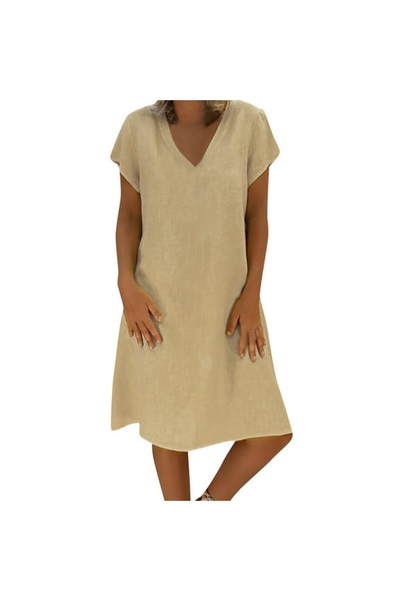 Summer Dresses for Women 2022, Linen Midi Dress Women Short Sleeve V Neck Boho Beach Dress African Summer Knee Length Tsihrt Dresses