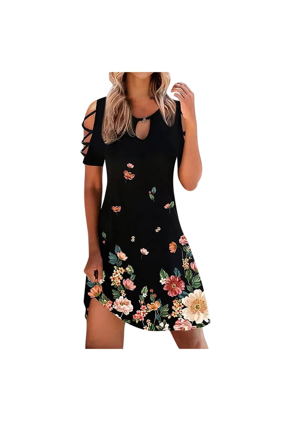 Summer Dresses for Women 2022, Sundress Strappy Cold Shoulder Floral Summer Dress