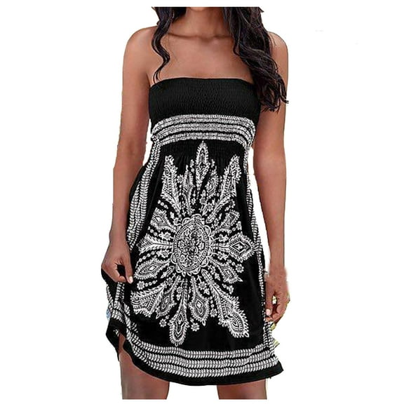 Summer Dresses for Women 2022, Tube Top Dresses for Women's Summer Sexy Floral Printed Strapless Bohemian Mini Dress Beach Cover Up