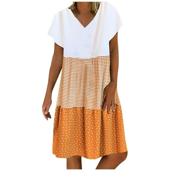 Summer Dresses for Women 2022, Women's Mini Dress Color Block V Neck Short Sleeve Casual Loose Shift Dresses Holiday Boho Vintage T Shirt Dresses