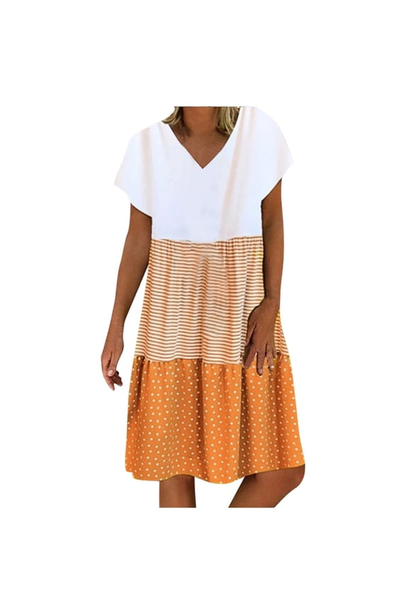 Summer Dresses for Women 2022, Women's Mini Dress Color Block V Neck Short Sleeve Casual Loose Shift Dresses Holiday Boho Vintage T Shirt Dresses