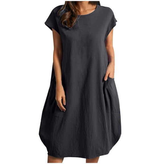 Summer Dresses for Women 2024 Solid Color Cap Sleeve Midi Dress Loose Fit Crewneck Casual Pockets Beach Sundress