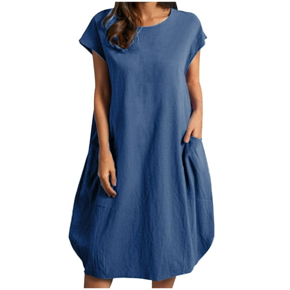 Summer Dresses for Women 2024 Solid Color Cap Sleeve Midi Dress Loose Fit Crewneck Casual Pockets Beach Sundress