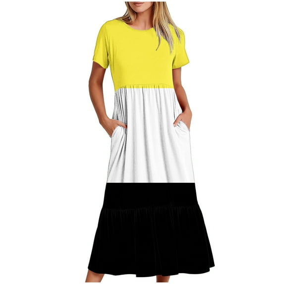 Summer Dresses for Women 2024 Color Block Tiered Casual Loose Ankle Length Dress Short Sleeve Crewneck Holiday Dress Pockets Green,M