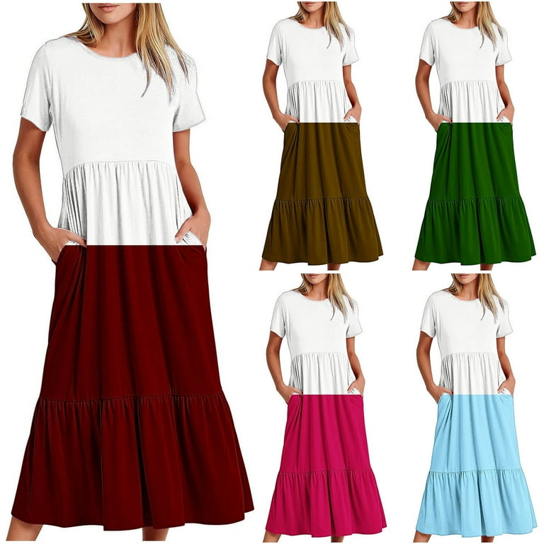 Summer Dresses for Women 2024 Color Block Tiered Casual Loose Ankle Length Dress Short Sleeve Crewneck Holiday Dress Pockets Light Blue L Walmart