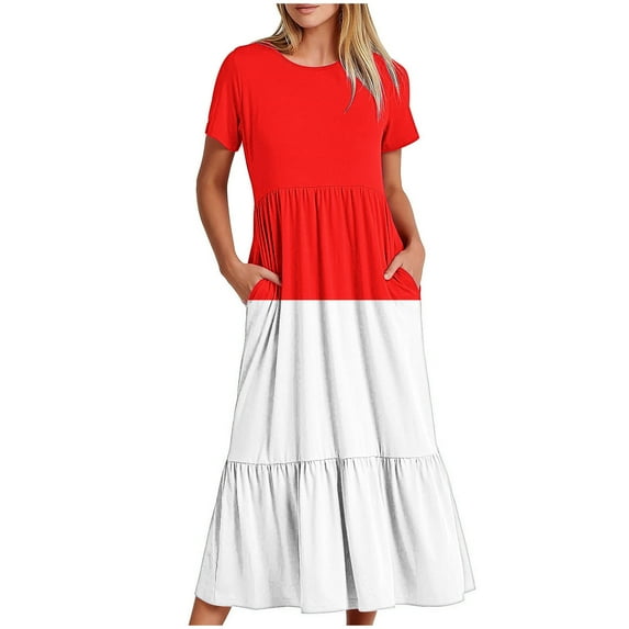 Summer Dresses for Women 2024 Color Block Tiered Casual Loose Ankle Length Dress Short Sleeve Crewneck Holiday Dress Pockets Light Blue,XXL