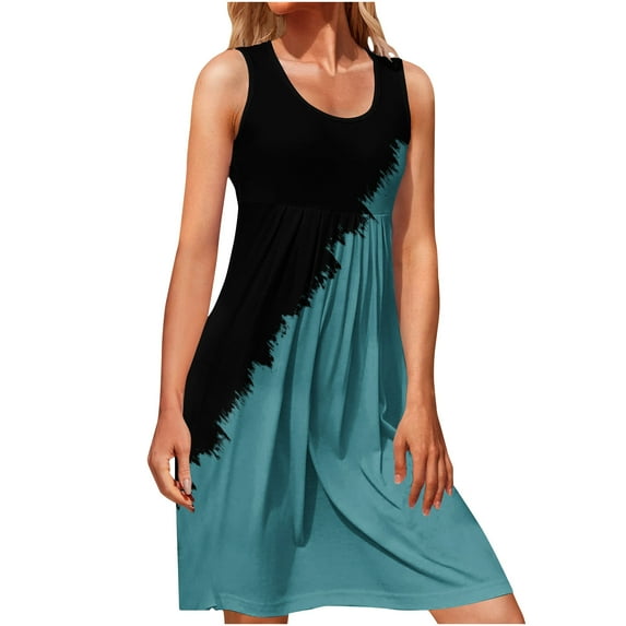 Summer Dresses for Women 2024 Crewneck Color Block Sleeveless Sundress Pleated Casual Loose Swing Beach Midi Dresses Ladies Clothes