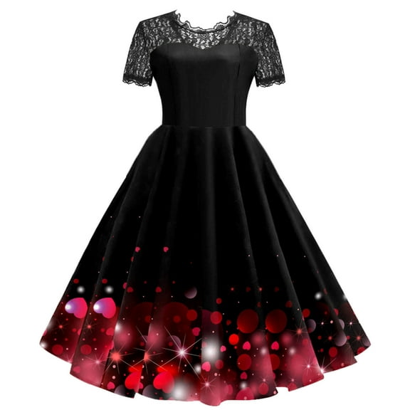 Summer Dresses for Women 2024 Lace Sexy Print Short Sleeve Lace Knee-Lenght 1950S Housewife Evening Party Prom Summer Dresses
