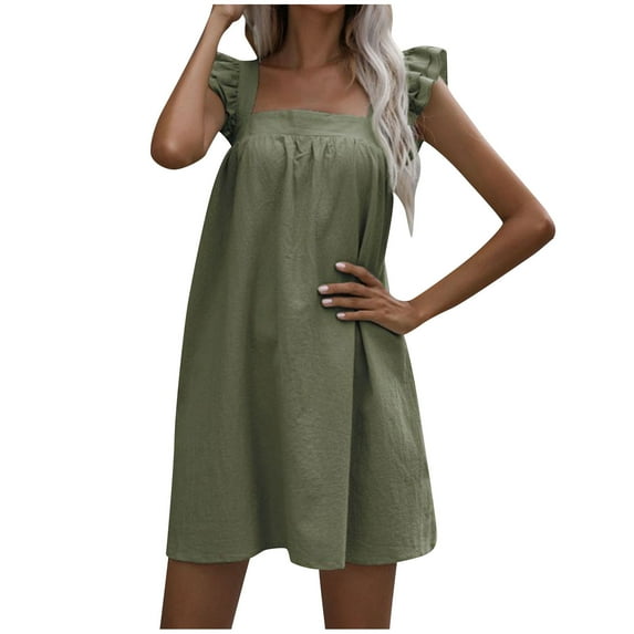 Summer Dresses for Women 2024 Plus Size Fashion Camisole Skirt Loose Ruffled Solid Color Cotton Linen Dress Womens plus $15 & under