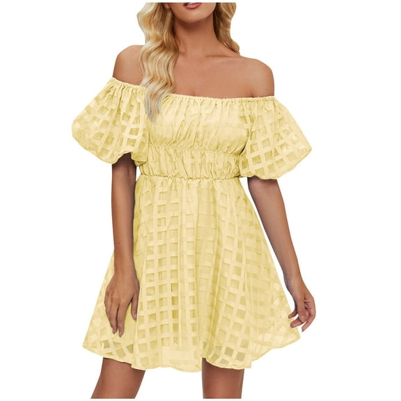 Summer Dresses for Women 2024 Plus Size Fashion Off The Shoulder Bubble Short Sleeve Pleated High Waist Dress Womens plus $15 & under