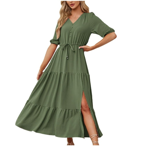 Summer Dresses for Women 2024 Plus Size Fashion V-neck Short Sleeve Dress Short Sleeve V-neck Ankle-length Dress Womens plus $15 & under