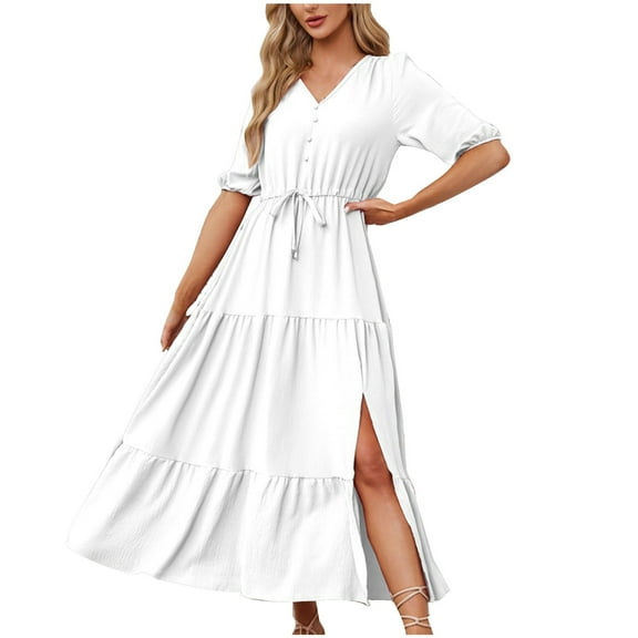 Summer Dresses for Women 2024 Plus Size Fashion V-neck Short Sleeve Dress Short Sleeve V-neck Ankle-length Dress Womens plus $15 & under