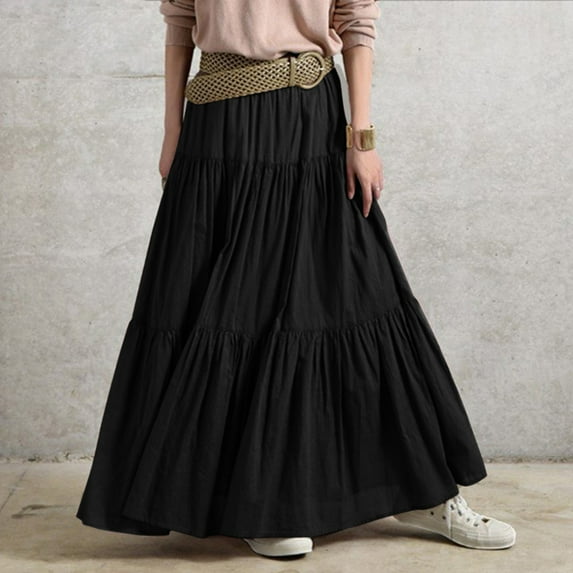 Summer Dresses for Women 2024 Ruffle Spring Casual Maxi Dress Plain Skirt Retro Style Pleated Skirt Wedding Guest Dresses for Women Black Rayon 4XL