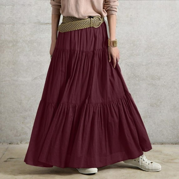 Summer Dresses for Women 2024 Ruffle Spring Casual Maxi Dress Plain Skirt Retro Style Pleated Skirt Wedding Guest Dresses for Women Wine Rayon 4XL