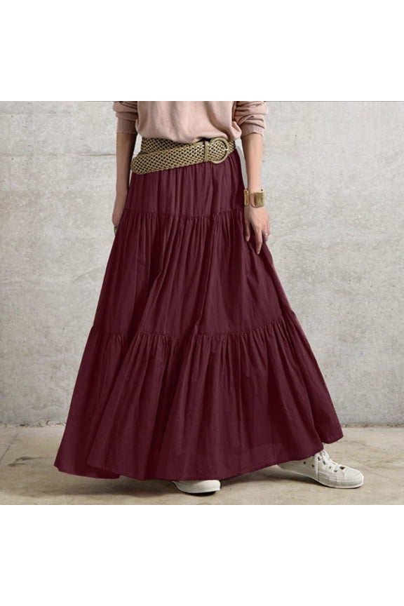 Summer Dresses for Women 2024 Ruffle Spring Casual Maxi Dress Plain Skirt Retro Style Pleated Skirt Wedding Guest Dresses for Women Wine Rayon 4XL