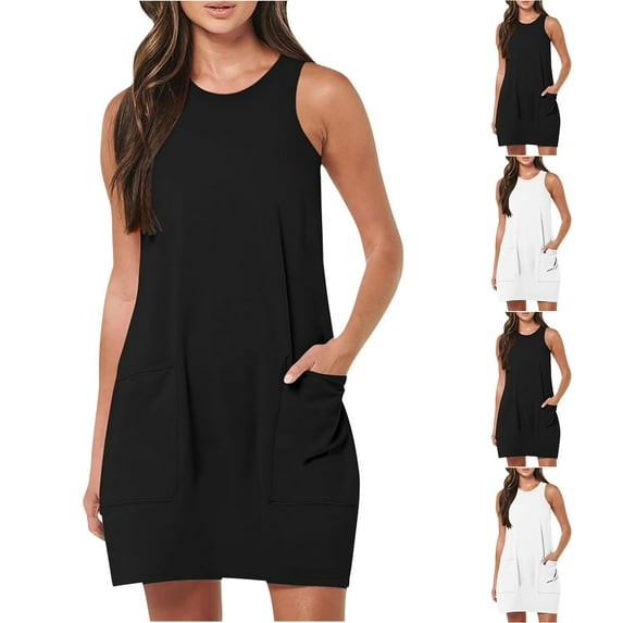 Summer Dresses for Women 2024 Sale Women's Solid Color Sleeveless Plus Size Sun Dress Round Neck Tank Top Pocket Dress Black qILAKOG Size XL