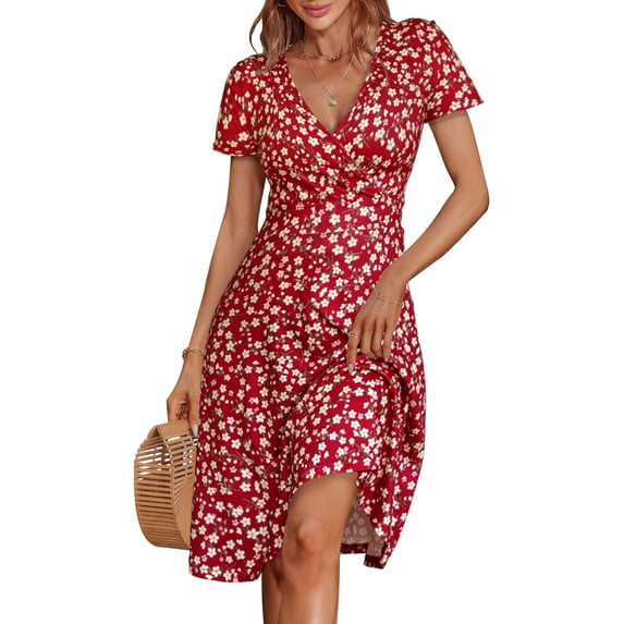 Summer Dresses for Women 2024 Short Sleeve V Neck Wrap Dress Casual Midi Sundresses