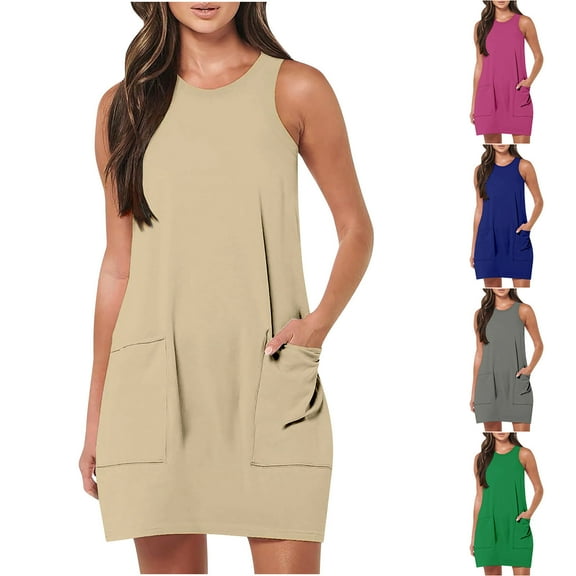 Summer Dresses for Women 2024 Size S-2XL Solid Color Sleeveless Crew Neck Tank T Shirt Dress Womens Sundresses with Pockets Blue qILAKOG Size L