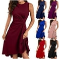 thumbnail image 1 of Summer Dresses for Women 2024 Sleeveless Solid A-line Wrinkled Middle Dress Sexy Wrap Crew Neck Sundress Mini Dress Blue qILAKOG Size L, 1 of 6