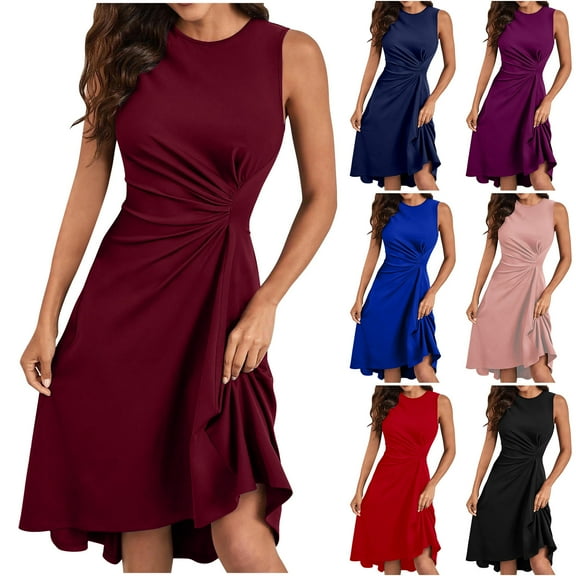 Summer Dresses for Women 2024 Sleeveless Solid A-line Wrinkled Middle Dress Sexy Wrap Crew Neck Sundress Mini Dress Blue qILAKOG Size L