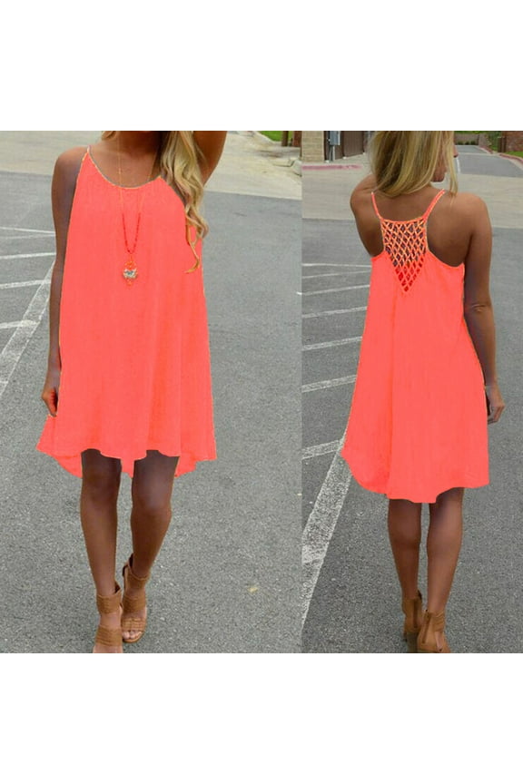 Summer Dresses for Women 2024 Spaghetti Strap Back Howllow Out Chiffon Beach Short Dress