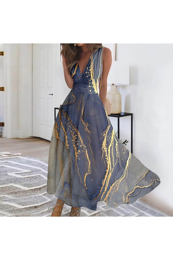 Summer Dresses for Women 2024 Spring Printed Casual V-Neck Sleeveless Long Dress