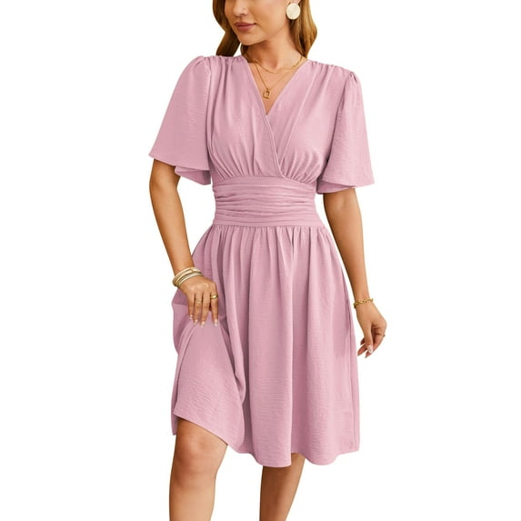 Summer Dresses for Women 2024 Sundresses Flutter Short Sleeve Beach Swimsuit Ruched Bodycon Casual Vacation Dresses (Pink,Large)
