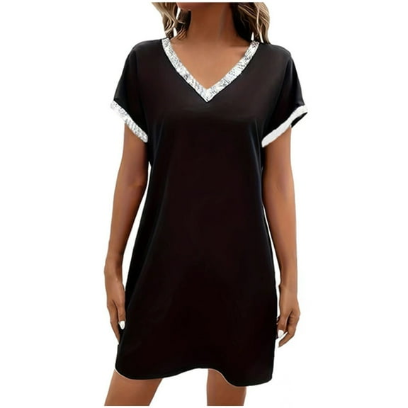 Summer Dresses for Women 2025 Trendy Casual T Shirt Dress Short Sleeve V Neck High Waist A-Line Loose Fit Knee Length Dress ,S