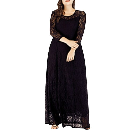 Summer Dresses for Women 2024 Womens 3/4 Sleeve Lace Midi Dress Fashion Plus Size Crew Neck Solid Color Dresses (Black 3XL)
