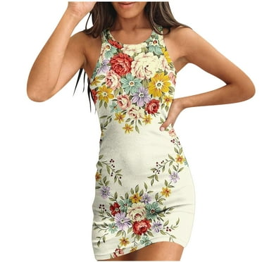 Summer Dresses for Women 2024 ZHUGeLI Women's Summer Fashionable Buttock Print Round Neck Sleeveless Casual Dress Gift for Women Clearance