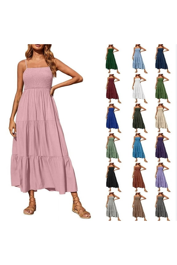 Summer Dresses for Women 2025 Bohemian Spaghetti Strap Smocked Tiered Long Beach Sun Dresses Sleeveless Solid Maxi Dress
